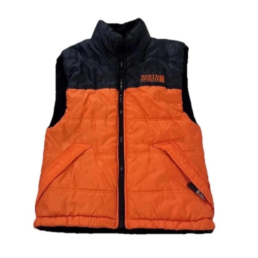 North Sportif Puffer Vest Kids Size‎ L 14/16 Orange Navy Blue Fleece Lined Urban